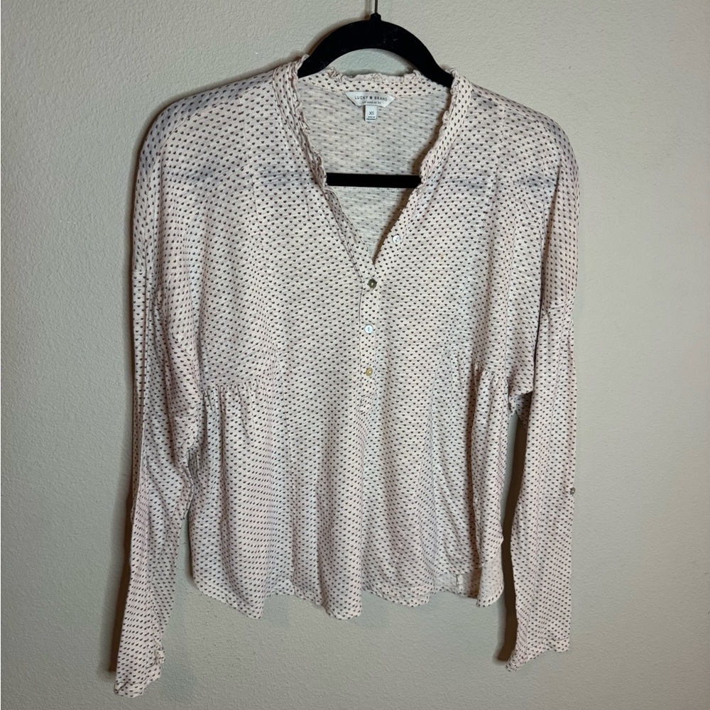 Lucky Brand Cream Printed Peplum Top XS Long Sleeve Boho Button Front